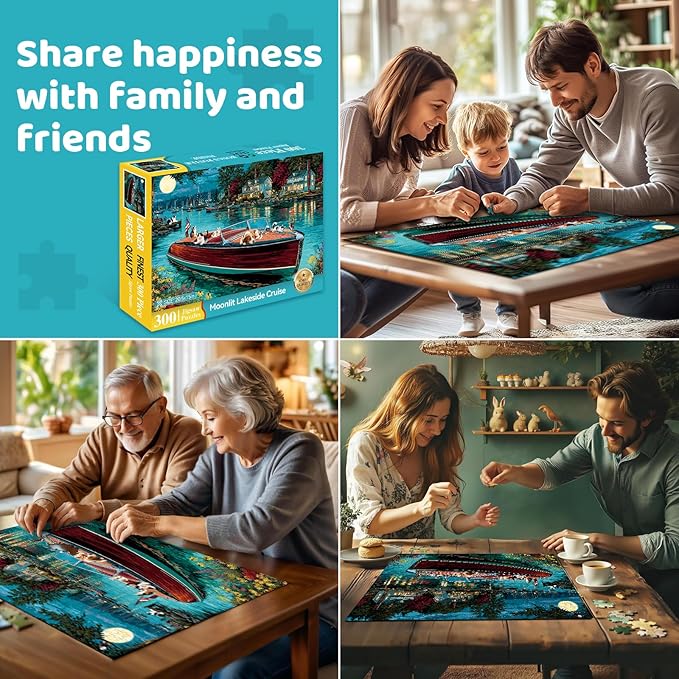 300 Piece Puzzles for Adults, 300 Piece Puzzles for Adults Large Piece, Nighttime Lake Boat Dogs Cats Jigsaw Puzzle Funny Gift for Adult Kids Challenging Family Games Toy, 20.5 X 15 in