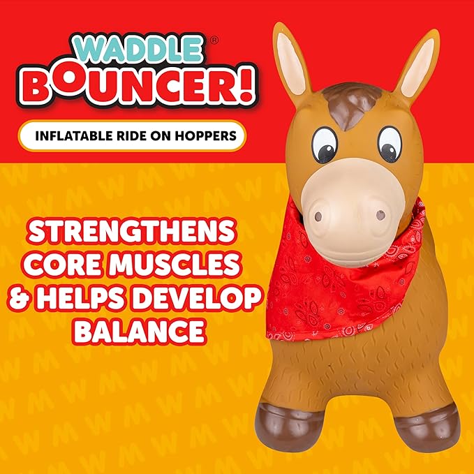 Waddle Bouncy Animal Hopper - Inflatable Hopping Animals, Indoors and Outdoors Fun, Pump Included, Riding Toys for Boys and Girls Ages 2 Years and Up, Brown Horse