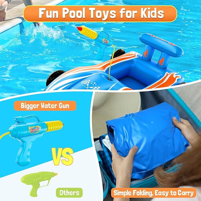 ZIZZ Pool Floats Kids Toys with Water Gun - Inflatable Ride-on Pool Toys for Kids Ages 4-8 Race Car Toddlers Pool Float Summer Outdoor Swimming Pool Toys Games for Boys Girls Fun Summer Water Toys
