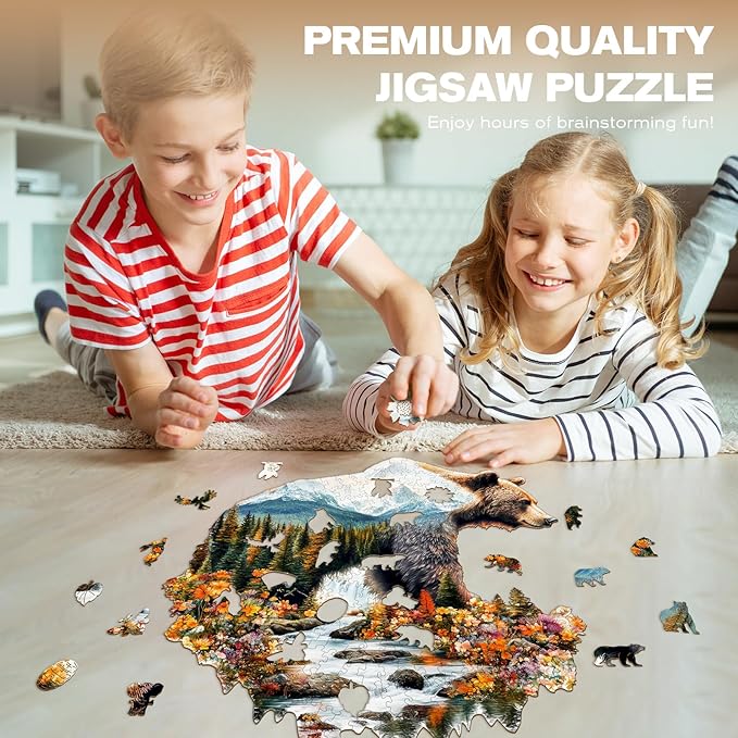 Wooden Puzzles for Adults - Bear and Nature Wooden Jigsaw Puzzle - Unique Animal Shaped Wood Puzzles Adult - Christmas Birthday Gifts for Adults/Friends/Family - 85pcs 8.4 * 8.5in