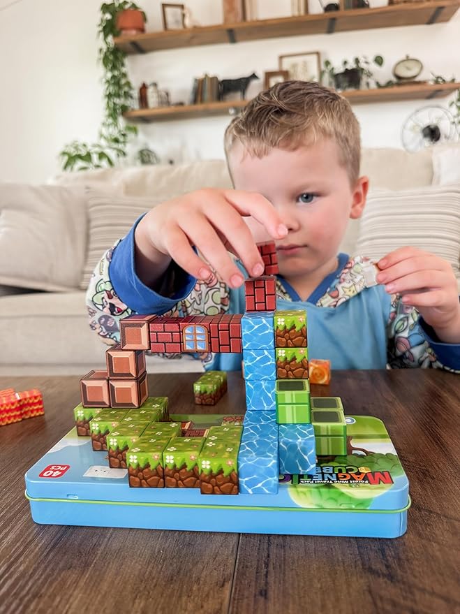 Coodoo Magnetic Blocks Travel Toys with Portable Metal Tin – Toddler Magnet Tiles Building Blocks STEM, Montessori Kids Toys for 3+ Year Old Boys & Girls, Classroom Must Haves, and Sensory Toys