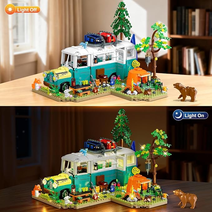 Wilderness Bus Building Set with Light, 1392PCS Camping Building Toy Kit with Removable Bus, Animals and Rich Accessories, Creative Home Decor & Display, Xmas Birthday Gifts for Adults Teens