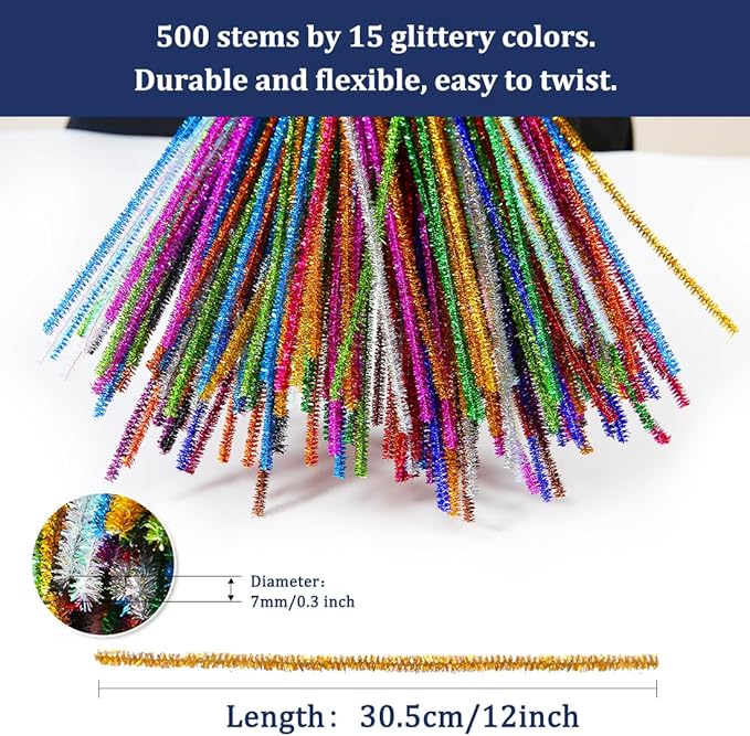Bundooraking Pipe Cleaners, Pipe Cleaners Craft, Arts and Crafts, Crafts, Craft Supplies, Art Supplies (500 Green Glitter Pipe Cleaners)…