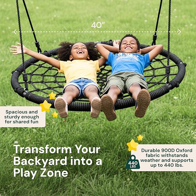 PLAYVIBE Spider Web Tree Swing Year-Round Gift - 40-Inch Black Saucer - 440 lb Capacity & 900D Oxford Waterproof - Heavy-Duty Steel Frame & Hanging Straps, Outdoor Swing Set Accessories for Toddlers