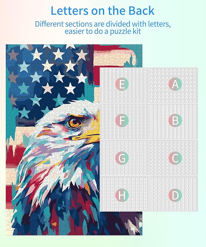 Puzzles for Adults 1000 Pieces, American Flag Bald Eagle 1000 Piece Puzzles with Letters on Back, Patriotic Faith Hard Jigsaw Puzzles for Family Fun Gifts Home Decor, 1:1 Poster