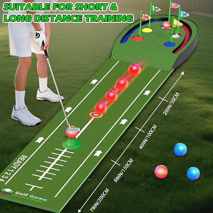 VATOS Golf Putting Mat Indoor for Kids - Golf Game Set with LED Balls, Glow Holes, Irons & Putters, Portable Putting Green Outdoor for Home Backyard Party, Golfs Toy Gifts for Kids 6-14