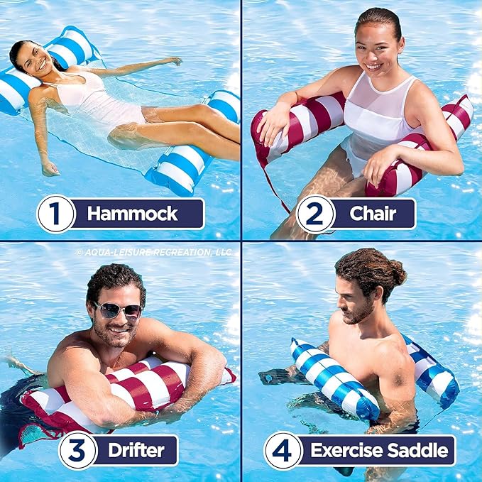 Aqua Monterey Hammock Pool Float - Three Pack - Two Light Blue & One Burgundy/White Stripe, 3-Pack