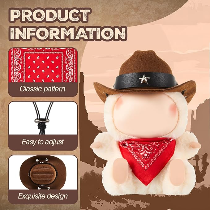 Shyyween 2 Pcs 17cm Doll Cowboy Costume Accessories Mini Western Cowboy Hat with Bandana Scarf Outfit Set Accessories for Birthday Christmas Anniversary Collectors' Gift, Doll Not Included