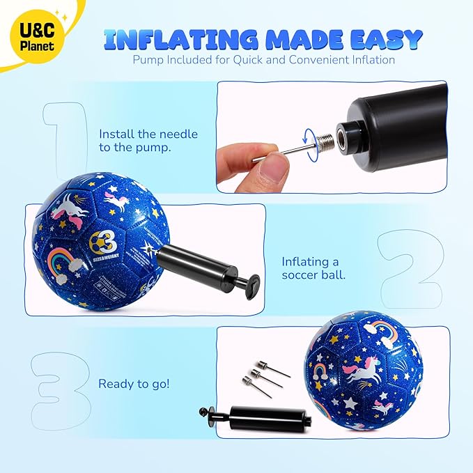 U&C Planet Soccer Ball Size 2 Size 3 Size 4 for Toddler Kids with Pump Deflated, Cartoon Unicorn Dinosaur Soccer Ball Toy for Girls Boys 1-3 2-8 6-12