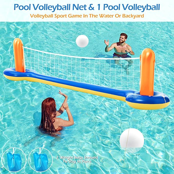 Jasonwell Pool Toys Games Set - 3 in 1 Pool Volleyball Net Basketball Hoop Ring Toss Game Inflatable Floats Water Floating Volleyball Swimming Pools Games Party Gift for Kids Adults (Orange&Blue, L)