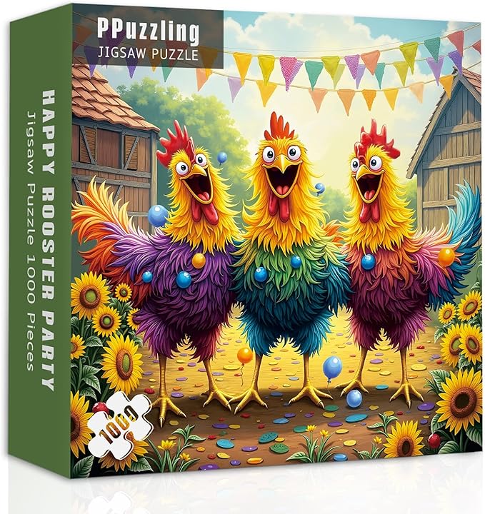 Funny Chicken Puzzles for Adults 1000 Pieces, Colorful Rooster Farm Jigsaw Puzzles, Happy Sunflower Barnyard Party Puzzle
