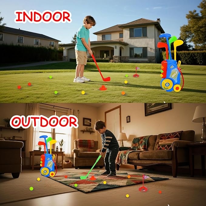 Nattork Toddler Golf Set with Putting Mat for Boys Girls Aged 1 2 3 Years Old, Upgraded Kids Golf Cart with 4 Clubs & 12 Balls, Outdoor Indoor Sports Toy Birthday Gift, Blue