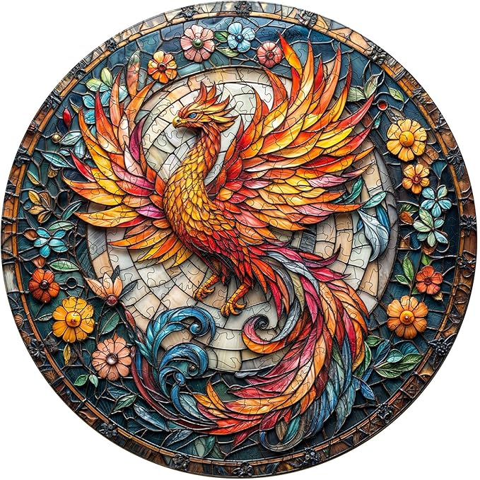 Wooden Puzzles for Adults - Stained Glass Phoenix Wooden Puzzle, Unique Shape Wood Jigsaw Puzzle for Adults, Wood Puzzles Adult, Gifts for Family, Wall Art Home Decor (100pcs 8.5 * 8.5in S)