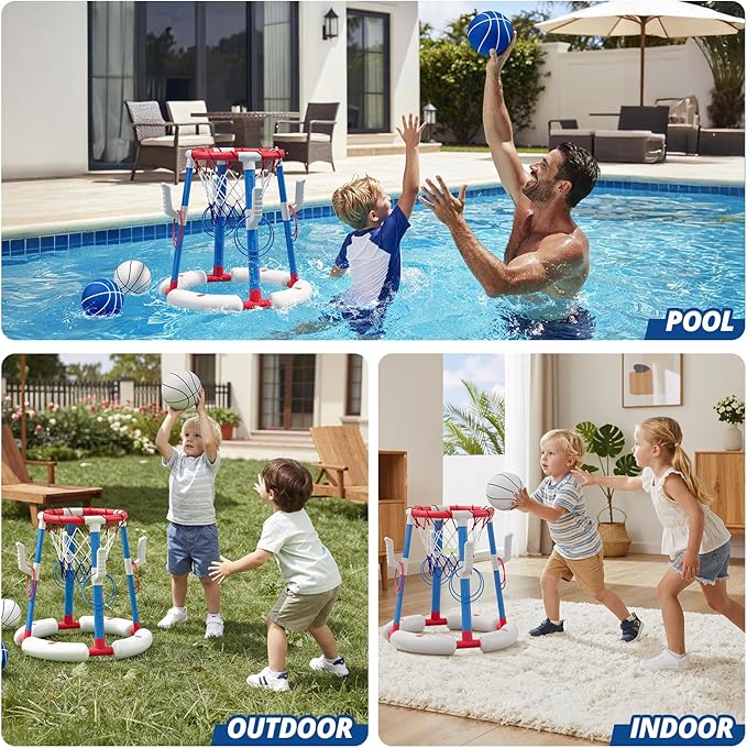2 in 1 Pool Basketball Hoop with Backboard & Ring Toss Game, Floating Pool Toy - Anti-Tip Stable Base - with 4 Balls/8 Rings/Pump - Summer Water Indoor Outdoor Toy Gifts for Kids 4-8 & Adults, Red