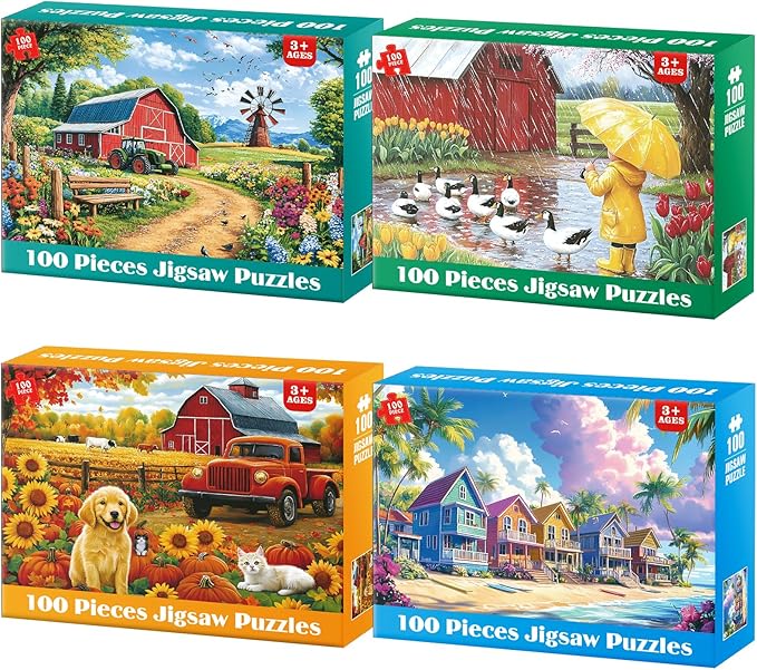 100 Piece Puzzles for Kids Ages 4-6 6-8 8-10, Farms & Beach Resort Jigsaw Puzzles for Seniors 100 Pieces Puzzle for Adults, Educational Learning Toys Gifts for Girls Boys 4-Pack 15"x11"