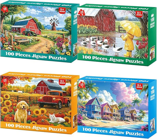 100 Piece Puzzles for Kids Ages 4-6 6-8 8-10, Farms & Beach Resort Jigsaw Puzzles for Seniors 100 Pieces Puzzle for Adults, Educational Learning Toys Gifts for Girls Boys 4-Pack 15"x11"