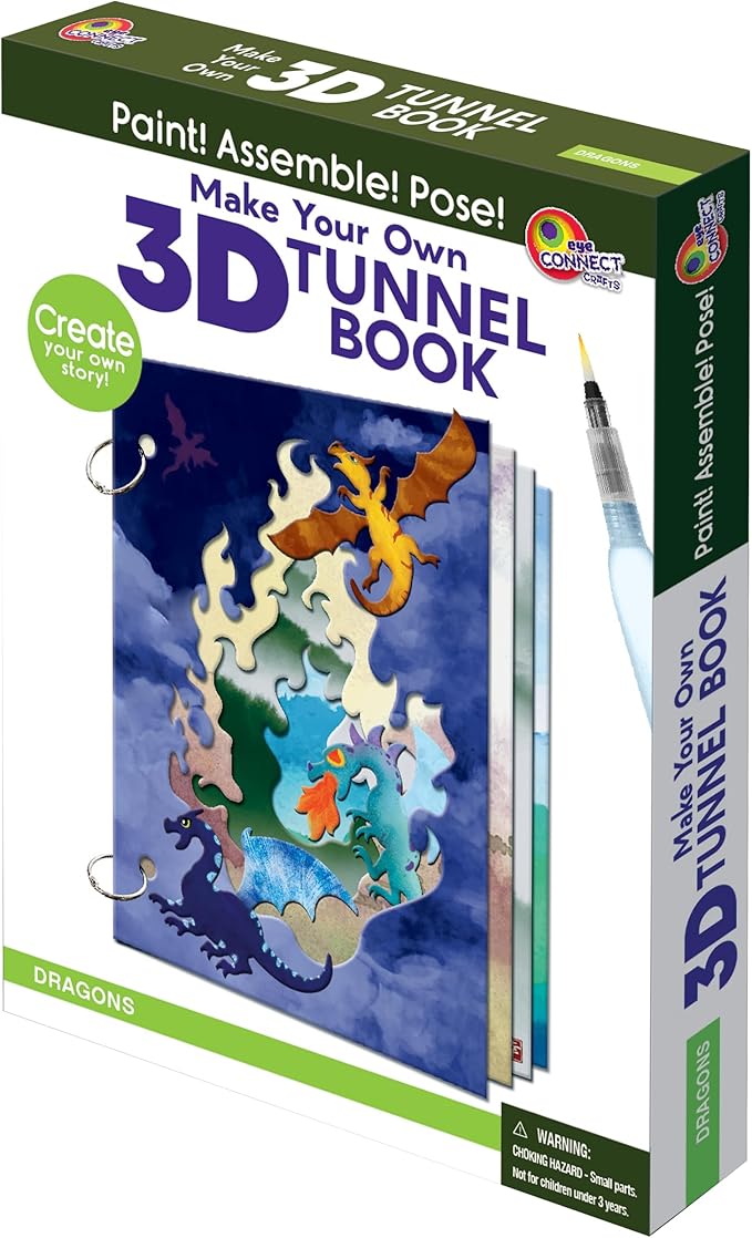 EyeConnect Crafts Make Your OWN 3D Tunnel Book - Dragons | Medium Size DIY Book Art & Craft Kit | Build, Paint & Draw Your Own Book with Mini Animals | Award-Winning STEAM Stationary Set | Ages 3+