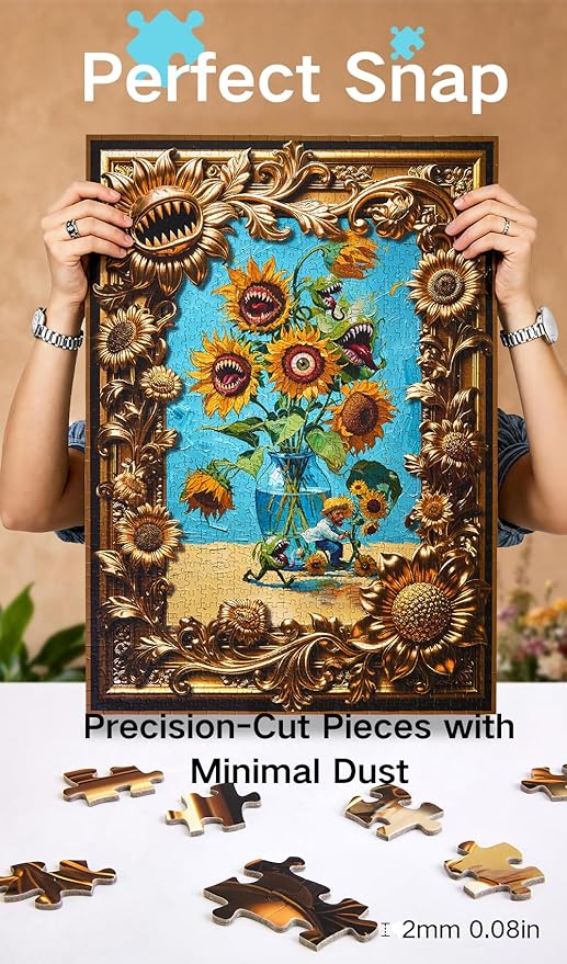Van Gogh Mutant Sunflowers Jigsaw Puzzle 1000 Pieces for Adults, Funny Horror Art Puzzle for Family Night, Thoughtful Gift &Home Decor with Unique Golden Border Design, 27.6 x 19.7 in Hipazous