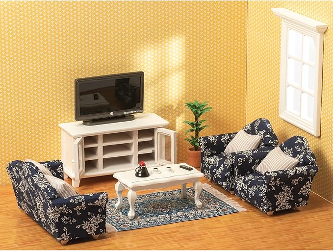 SAMCAMI Miniature Dollhouse Furniture 1 12 Scale - Wooden Dollhouse Furniture Set for Dollhouse Living Room - Doll House Furniture Incl Sofa, TV Cabinet, Coffee Table and Other Accessories (Blue)