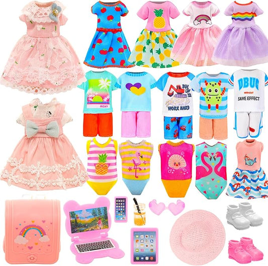 20 Pcs 5.3 Inch Doll Clothes & Accessories Include 5 Dresses 3 Outfits Tops and Pants 3 Swimsuits with 2 Shoes 1 Backpack 1 Laptop 1 Pad 1 Glasses 1 Drink 1 Hat for 5.3 - 6 Inch Dolls