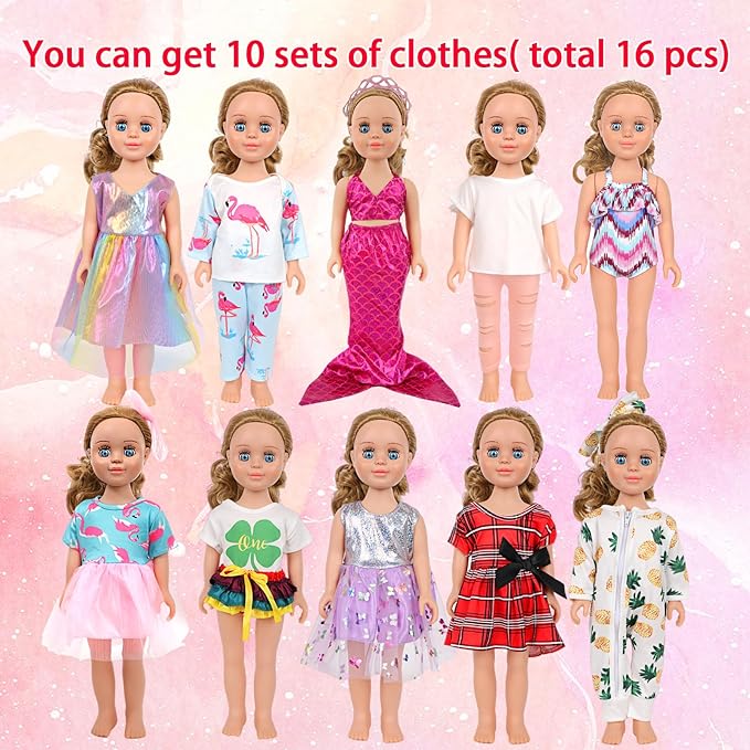 MSYO 10 Sets Doll Clothes for 17 - 18 Inch Dolls, 16 Pcs Fashion Outfits Variety Pack, Floral Dresses, Casual Wear & Pajamas, Girl Doll Dress - Up Set for Play & Gifting