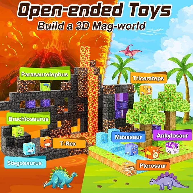 Dinosaur Toys Magnetic Blocks - Build Mine Magnet World Dinosaur Adventure Set, Magnetic Building Blocks Outdoor Toddler Toys for 3+ Year Old Boys & Girls, Creative Jurassic Scenes Kids Toy Games