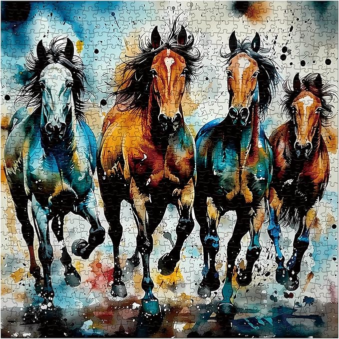 Art Vintage Horse Puzzles for Adults 1000 Pieces, Colorful Aesthetic Animal Painting Jigsaw Puzzles, Funny Hard Challenging Mustang Puzzle