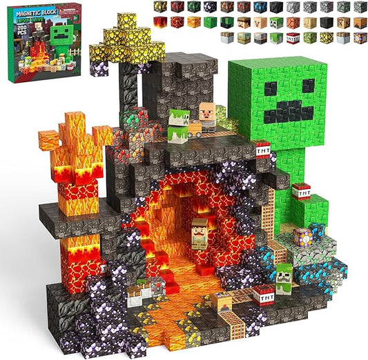 200PCS 0.8inch Magnetic Building Blocks STEM Toy for Kids 3+ Toddler Educational Construction Gift for Boys & Girls (Lava Cave-200pcs)