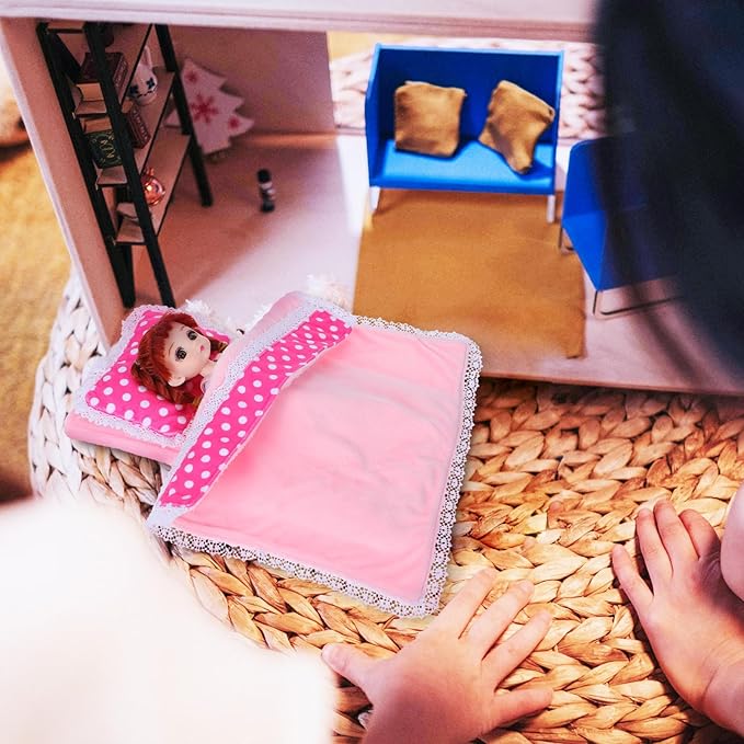 Mini Dollhouse Bedding Set 3 Piece for Dolls with Mattress Pillow Comforter Soft Fabric Dollhouse Bedroom Accessories 11.22X10.43 Inch