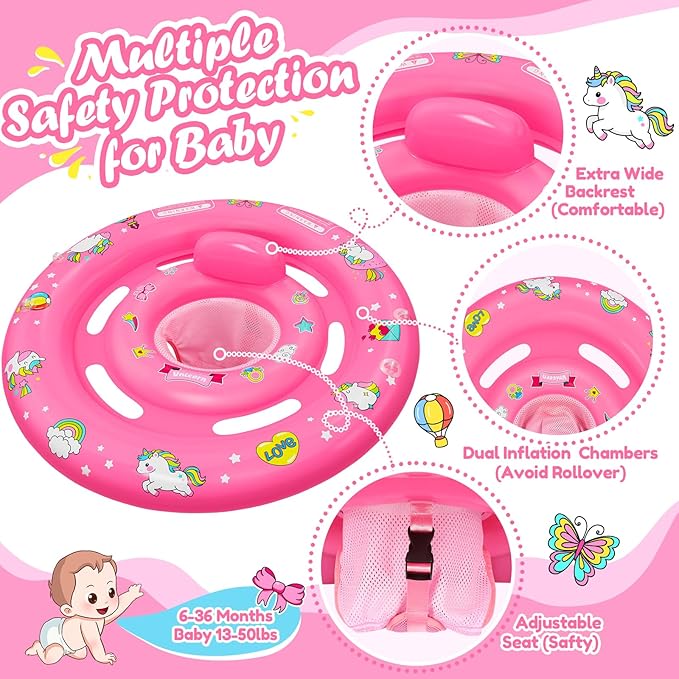 Baby Pool Float with UPF50+ Sun Protection Canopy, Inflatable Unicorn Baby Swim Float with Double Air Chambers, Adjustable Safety Seat & Toy Console Toddler Pool Float for 6-36 Months Boys Girls