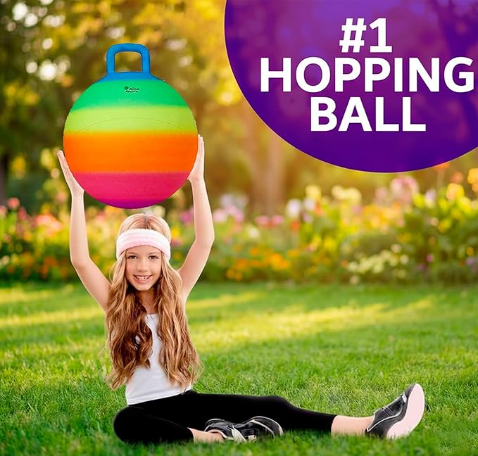 Xino Sports Hopping Ball for Kids - Rainbow Bouncy Ball with Handle, Fun Indoor and Outdoor Toy for Exercise & Play, Hopper for Jumping, Safe and Durable (18 Inch Diameter)