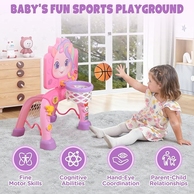 Liberry Toddler Basketball Hoop & Soccer Goal for 1 2 3 Year Old Girls Boys, Kids Sports Toy with Lights Sounds Music, Interactive Christmas Birthday Gift for Baby, Pink