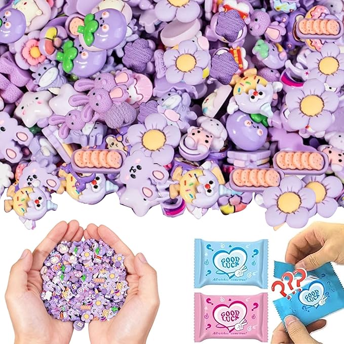 50PCS Purple Series Cartoon Resin Mystery Blind Bag – Mini Cute Figures for Kids Crafts, Tiny Random Toy Charms, DIY Phone Case Decorations, Surprise Collectible Resin Miniatures Variety Pack