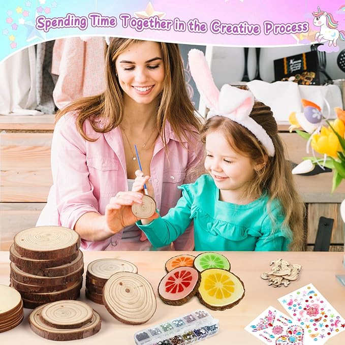 Sulataya Wooden Painting Kit for Kids 6-12, Wood Slices Craft Kit Gift Set with Assorted Gems & Diamond Painting Tools, Creative Art Activity Supplies for Boys Girls