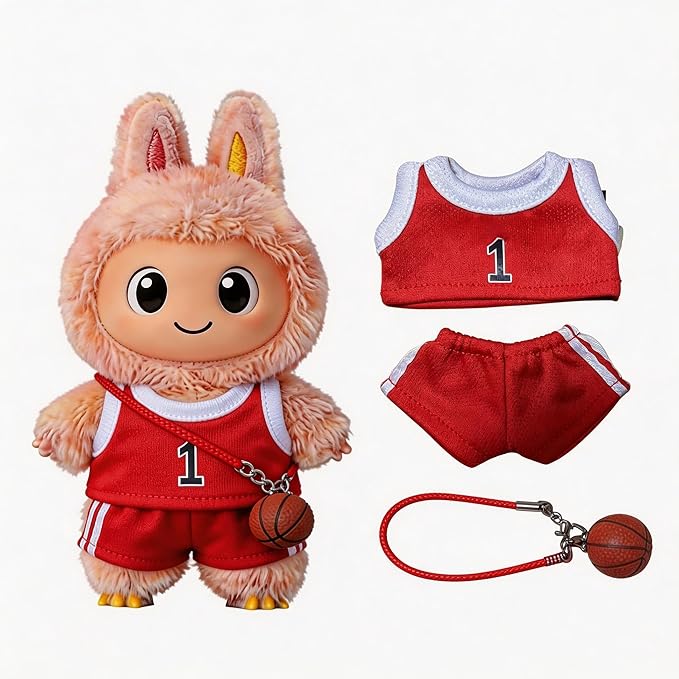 Sports-Themed Basketball Football 3-Piece Set Clothes for LABUBU 17cm Doll, Dolls Clothing Accessories ( No Dolls ) (NO.1 -Red)