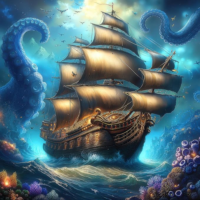 Kraken and Galleon 1000 Piece Puzzle for Adults - Fantasy Nautical Myth Art, Mystical Underwater Scene, Poster & Lettered Back, 22.8" Square HD, Gift for Mythology & Adventure Lovers