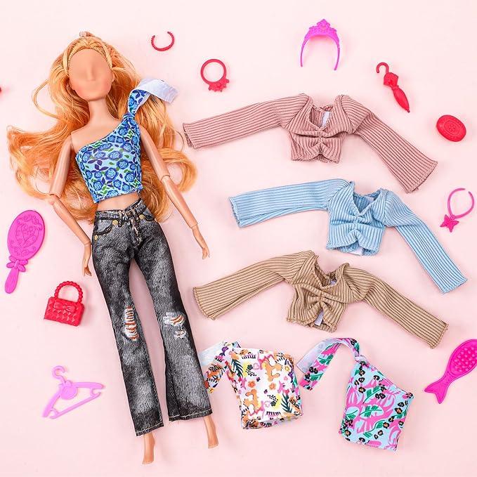 Bencailor 6 Pcs Doll Clothes for 11.8 Inch Doll Clothing Outfit Accessories Winter Coat Tops Swimwear T Shirt Dress Outfit Birthday Gift(Graceful Style,Light Color)