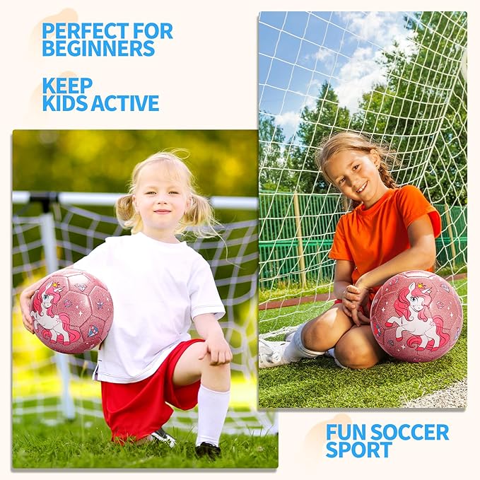 Soccer Ball Size 2 Size 3 Size 4 For Toddlers Kids Ages 1-3 3-8 8-12 - Glitter Unicorn Dinosaur Design - Sports & Outdoors Ball with Pump Deflated - Gift for Girls Boys Children Youth School Birthday
