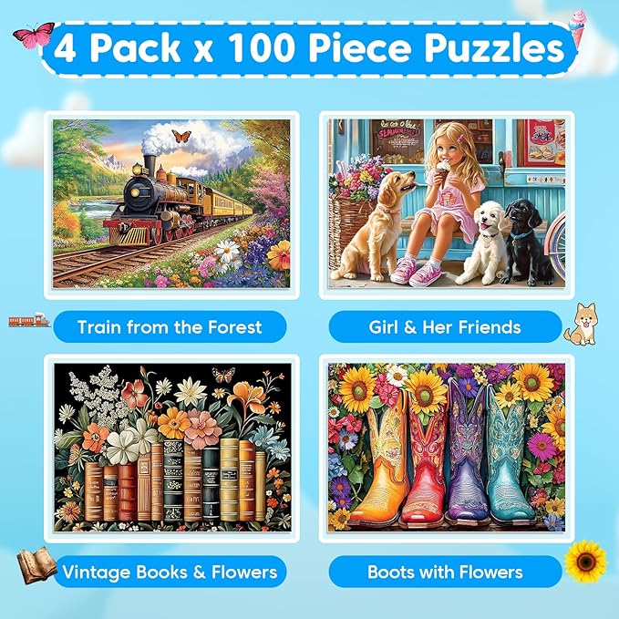 4 Packs 100 Piece Puzzle - Train Girl Vintage Books Boots, 100 Piece Puzzles for Adults Seniors Kids Puzzles for Kids Ages 4-6 6-8 8-10 Educational Jigsaw Puzzle 15"x11"