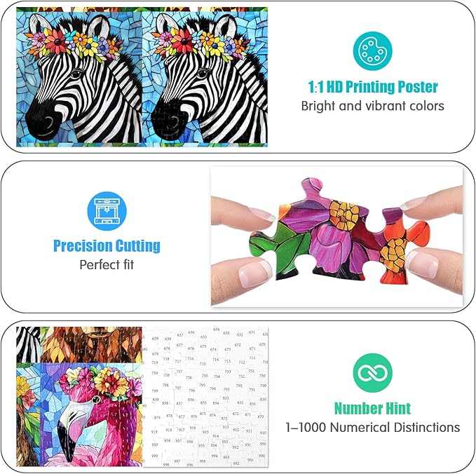 1000 Piece Puzzles for Adults - Colorful Mosaic Wildlife Jigsaw Puzzle, Jungle Animals with Flowers Design Perfect for Family Game Nights