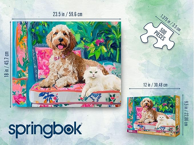 Springbok Floral Companions 500 Jigsaw Piece Puzzle for Adults - Dog and Cat Puzzle - Unique Cut Pieces - Made in USA