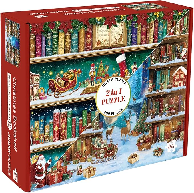 Sutinban 2 Pack Christmas Bookshelf 500 Piece Puzzles for Adults, Jigsaw Puzzle for Adults Seniors, Challenging Colorful Puzzles Family Game Gift Decor 20.0 * 14.2