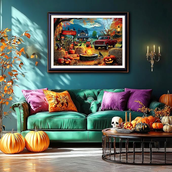 Halloween 1000 Piece Puzzle for Adults, Halloween Jigsaw Puzzle Autumn Fall Horror Spooky Scarecrow Heaven Scene with Pumpkin Lanterns & Ghost Truck for Party Game, Family Fun