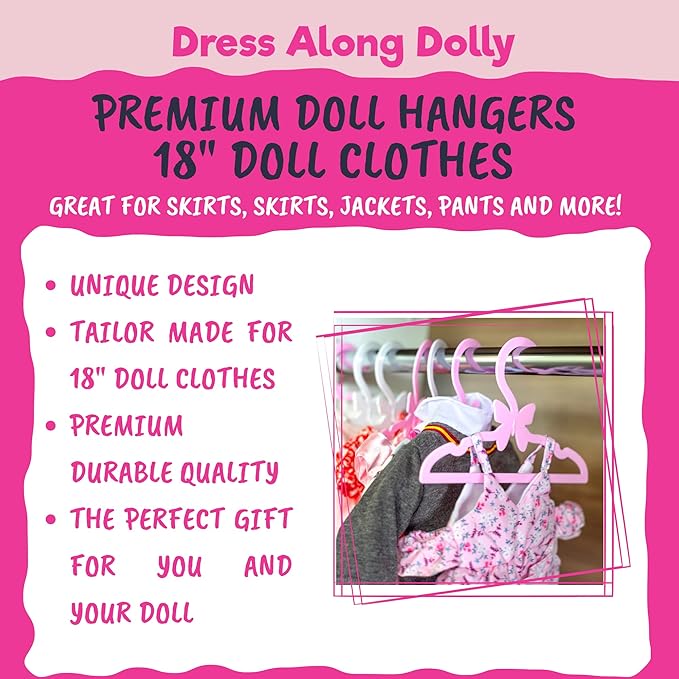 Doll Clothes Hangers for 18" Dolls -Set of 12 White Butterfly Hangers- Unique Design Compatible w American Girl Outfit Accessory Coat Hangers, Holds Shirt, Pants, Skirt - Gifts for Girls Kids Birthday