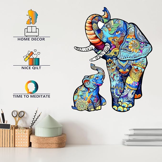 Wooden Puzzles for Adults, Unique Puzzles for Adults, Irregular Animal Shaped Wooden Jigsaw Puzzles, Creative Birthday Gift, 8.1 x 8.1 inch, Elephants