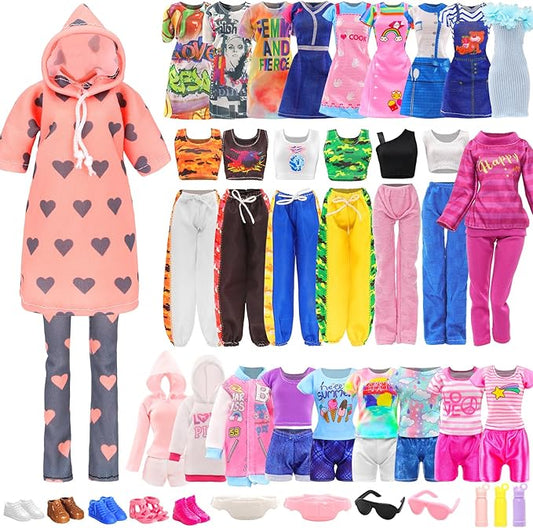 22 PCS Doll Sport Clothes and Accessories for 11.5 Inch Girl Doll Including 4 Fashion Dresses 6 Tops 6 Pants 5 Flat Shoes 2 Sunglasses 2 Shoulder Bag and 3 Water Cup