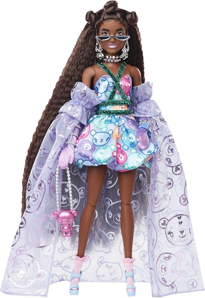 Barbie Extra Fancy Fashion Doll & Accessories Dressed in a Teddy-Print Gown with Sheer Train, Plus Teddy Bear Pet