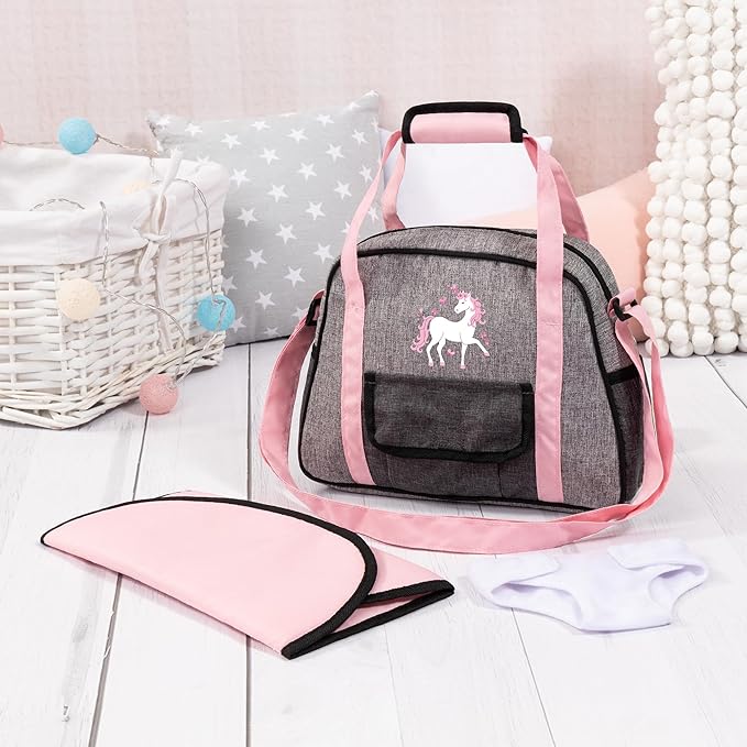 Bayer Doll Bag with Diaper Bag Accessories, Baby Doll Changing Set, Grey Pink Unicorn, Ages 18 Mo