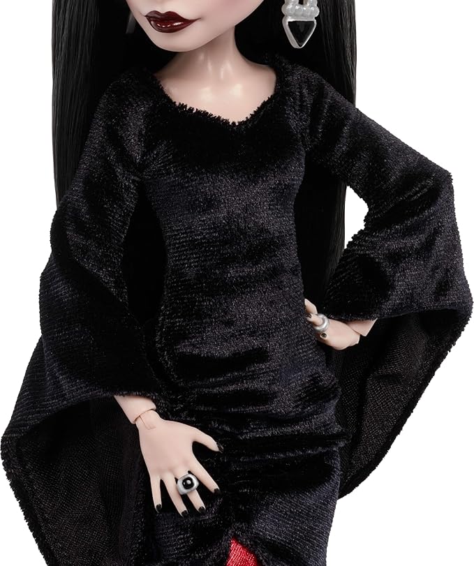 Monster High x Wednesday Doll, Morticia Addams Collectible in Black and Crimson Velvet Dress with Jewelry, Show-Inspired Heels and Doll Stand