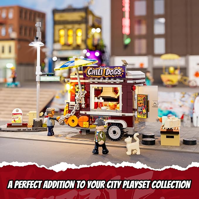 FUNWHOLE Chili Dog Trailer Lighting Building Bricks Set - Street Fusion City Town Hot Food Truck with LED Light Display Kit 515 Pcs for Adults & Teens & Street Cultrue Lovers